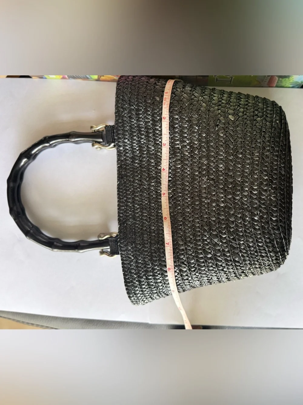 Black 1980s St John’s Bay Woven Handbag with Bamboo Handles polka dot lining